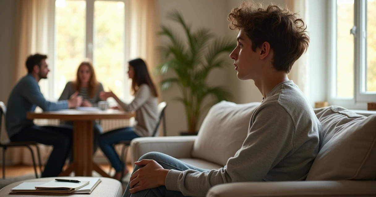 Pessoa refletindo na sala enquanto família conversa ao fundo 