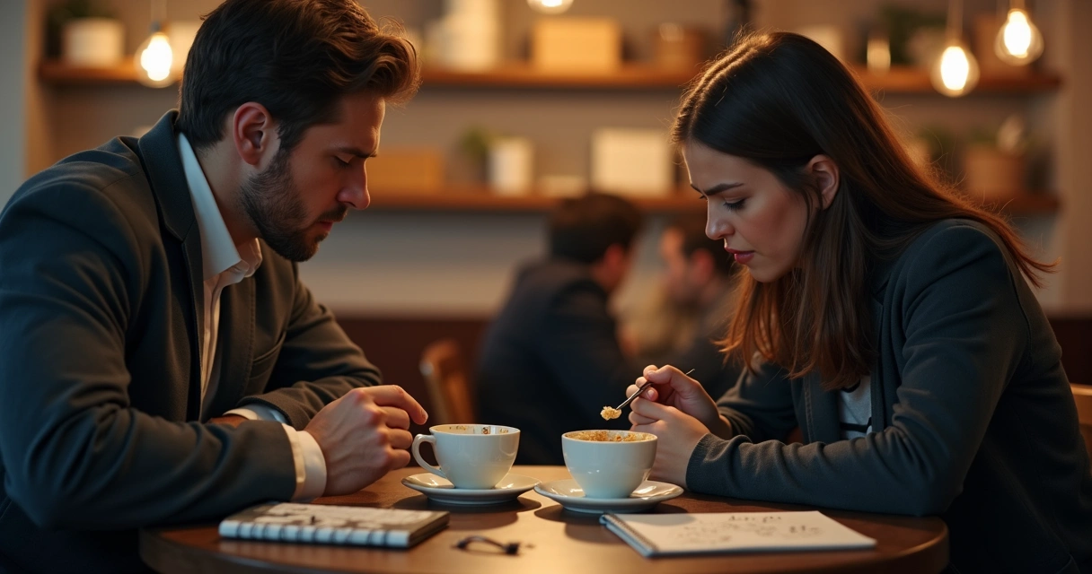 Pareja en cafetería separada por una mesa con gestos contenidos en conversación tensa 