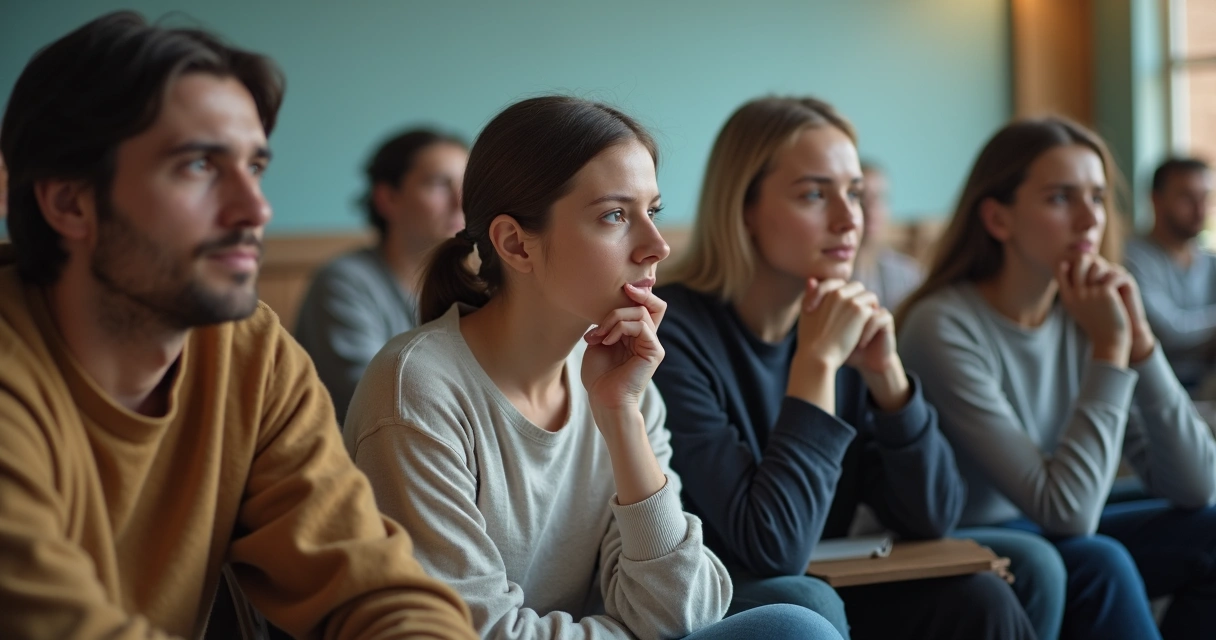 Grupo de pessoas sentadas pensando, cores suaves em ambiente calmo