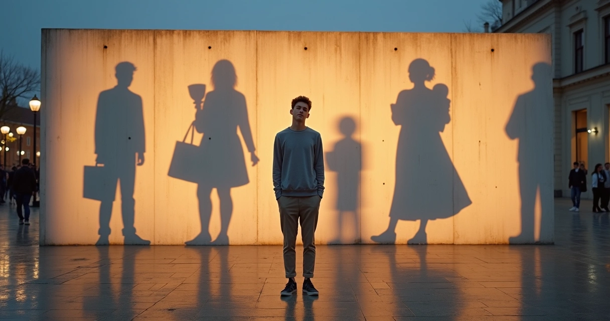 Pessoa em parede com diferentes sombras representando expectativas sociais 