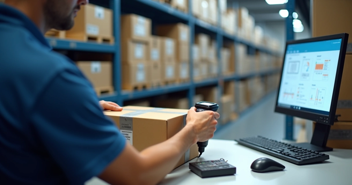 Funcionário conferindo produtos em prateleira de estoque com coletor de dados 