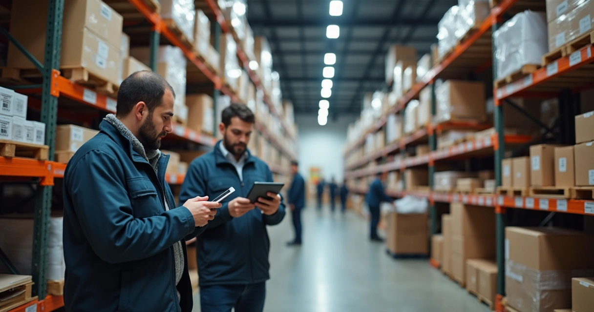 Equipe separando pedidos com sistema integrado em tablets 