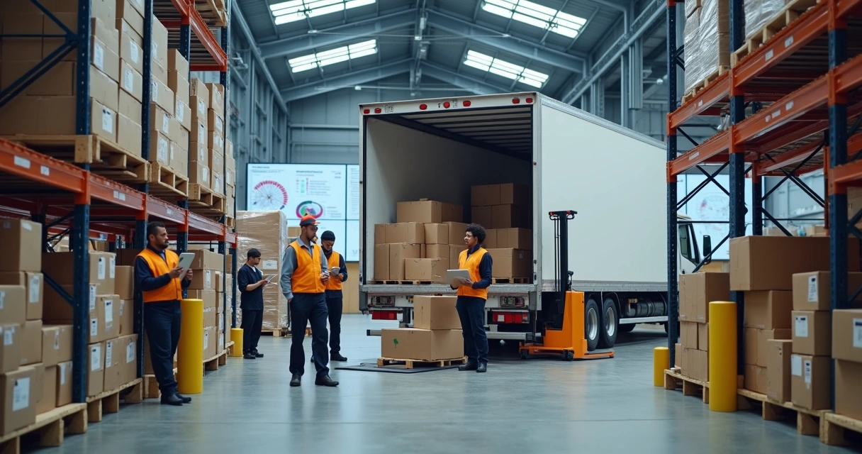Equipe organizando expedição em doca de armazém logístico 
