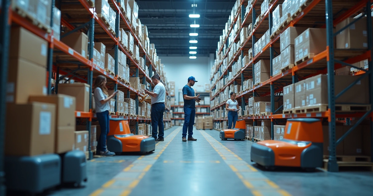 Equipe separando pedidos em armazém automatizado 