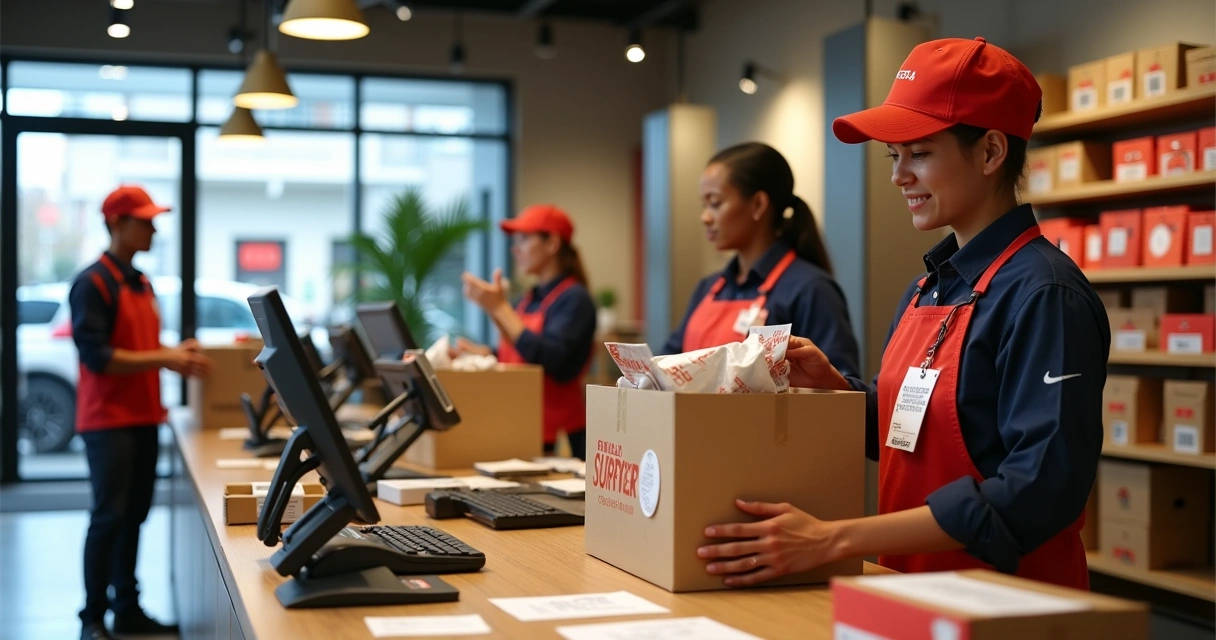 Pacotes sendo preparados em loja para entrega ao cliente de e-commerce rapidamente. 