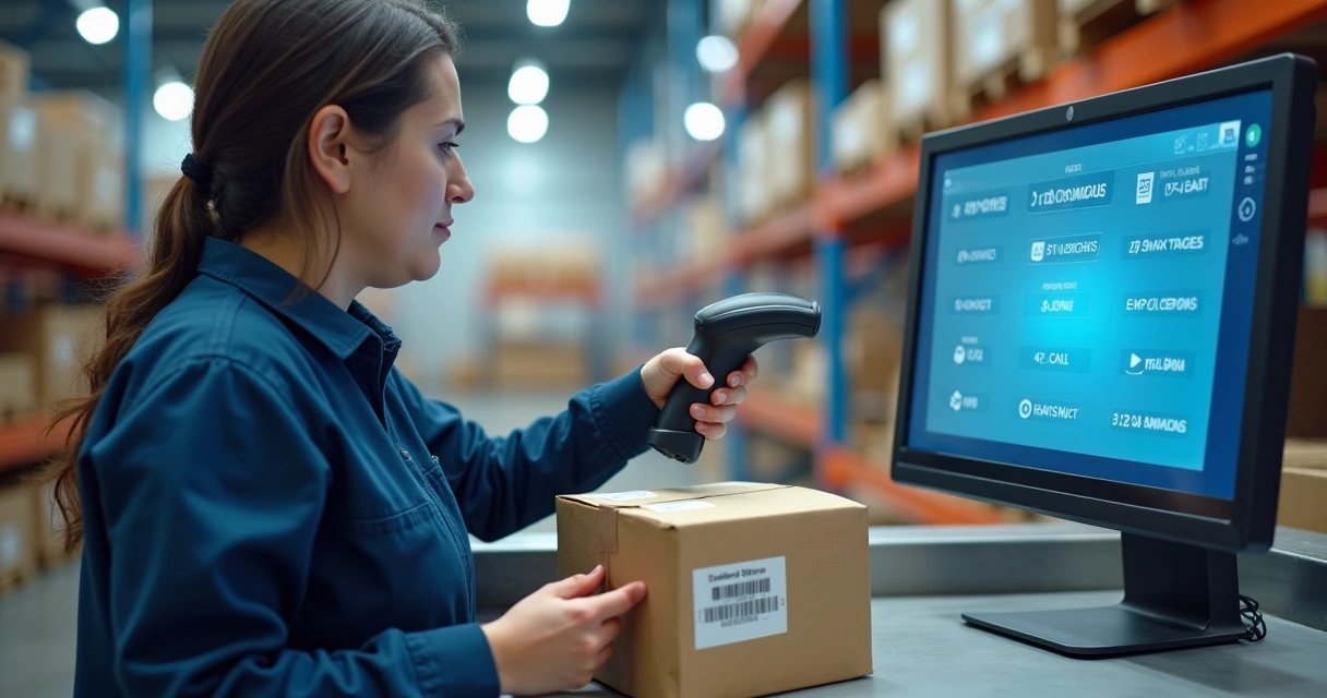 Funcionário usando leitor de código de barras em embalagem na área de expedição 