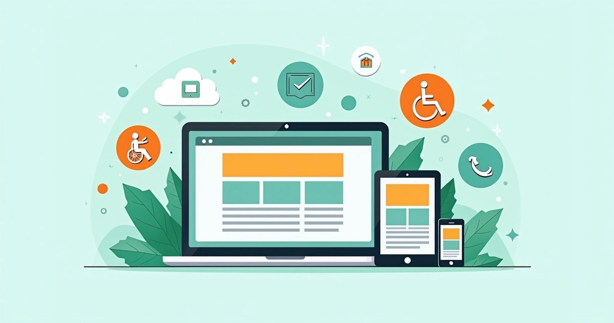 Layout digital acessível com diferentes dispositivos e ícones de acessibilidade