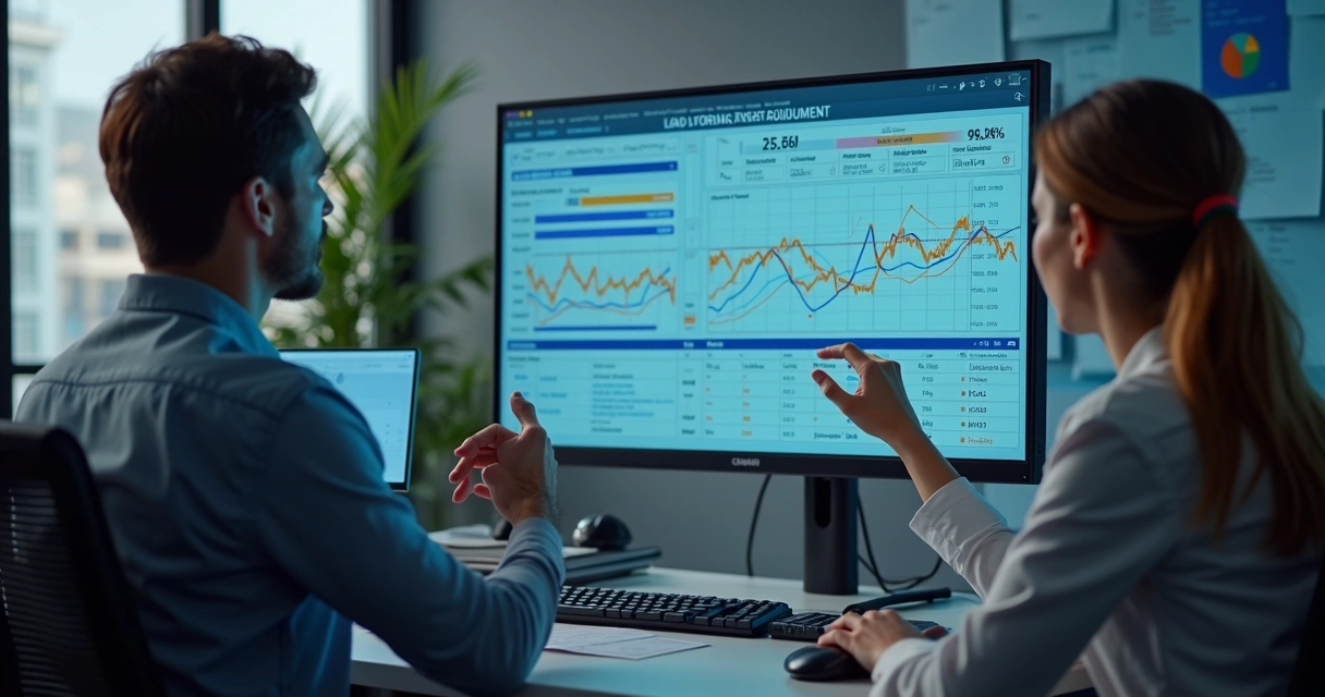 Dois profissionais de vendas revisando juntos ajustes de score em tela de computador, ambiente B2B 