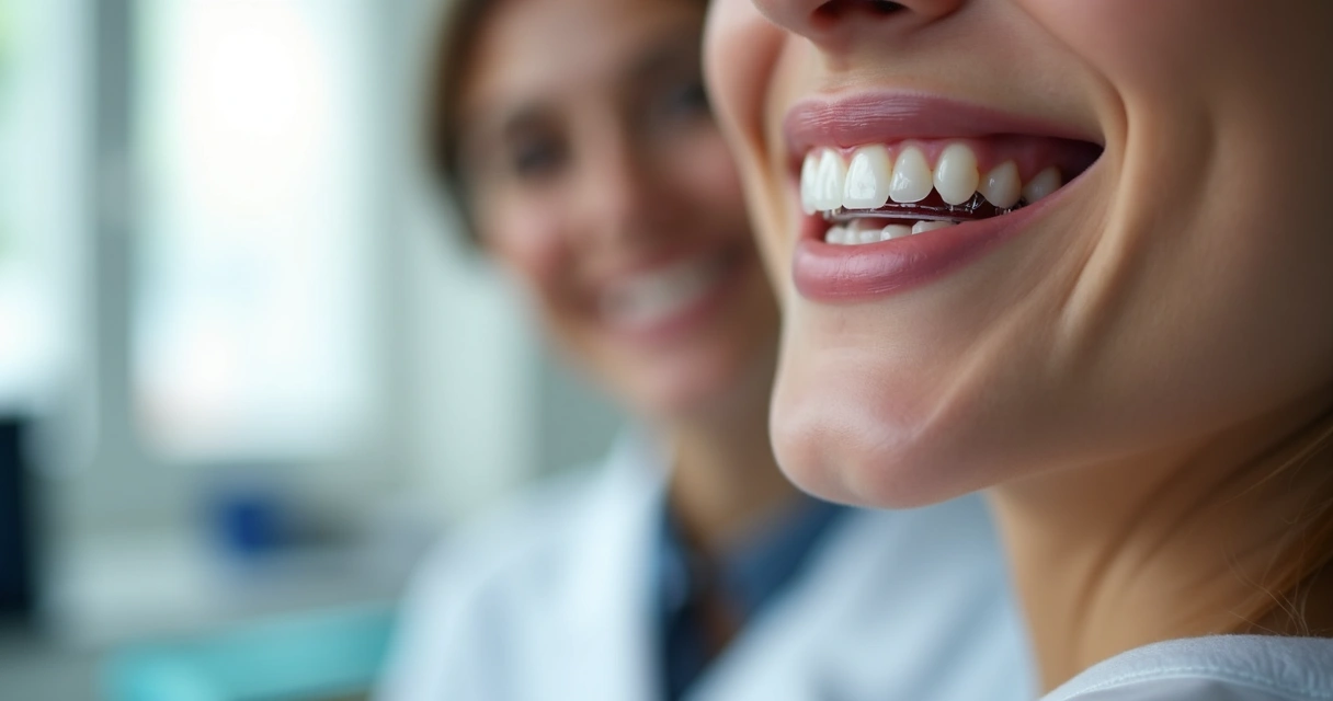 Paciente sorrindo com alinhador transparente em consultório moderno 