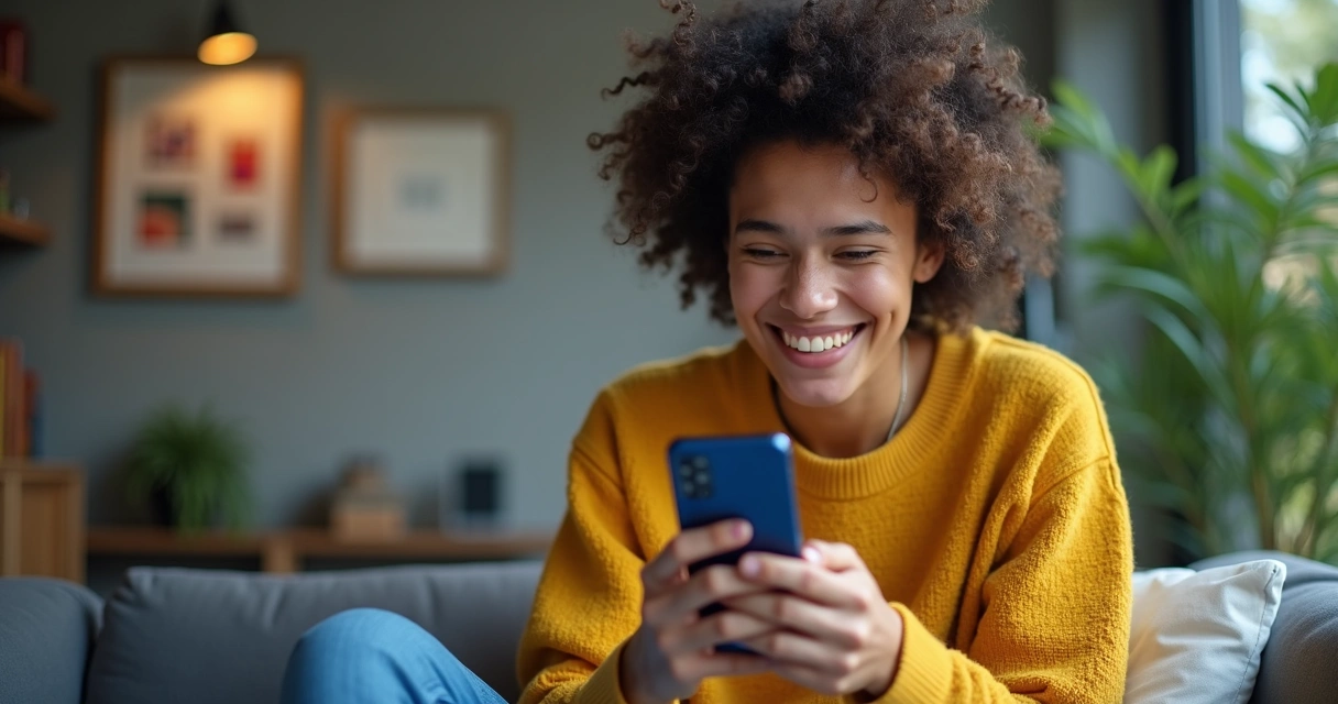 Jovem sorrindo após concluir matrícula digital no smartphone 