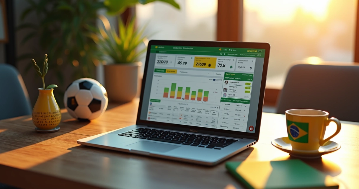 Interface colorida de site de apostas brasileiras em um notebook de mesa 