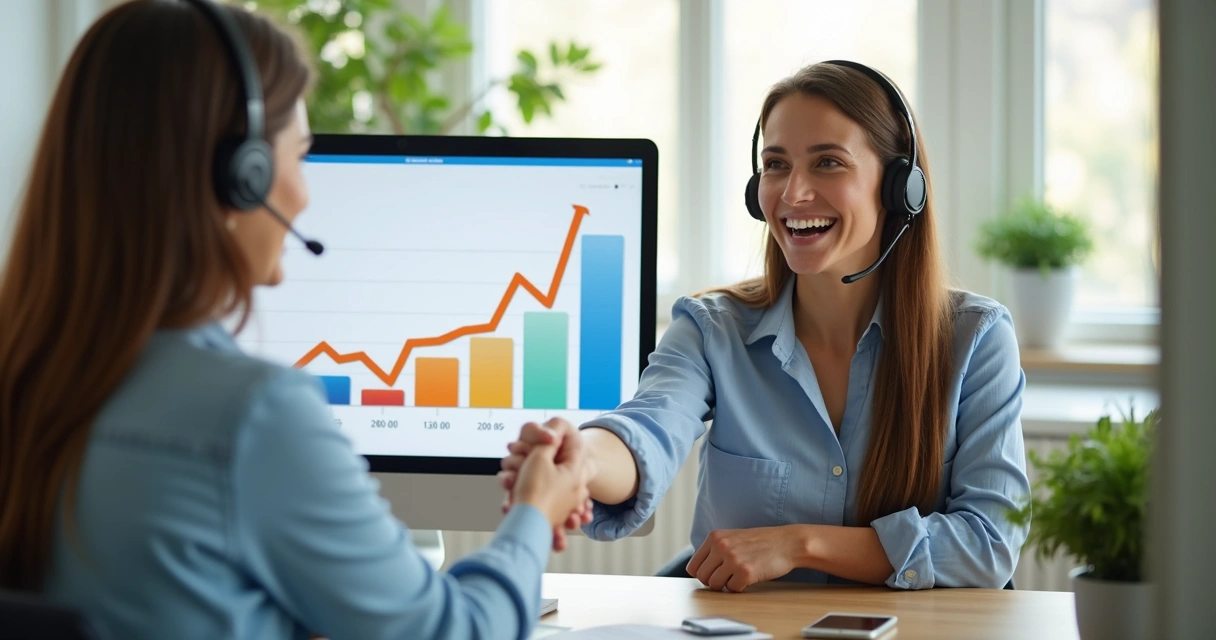 Pessoa sorrindo e apertando a mão de um cliente, com tela de computador mostrando gráfico de satisfação ao fundo 