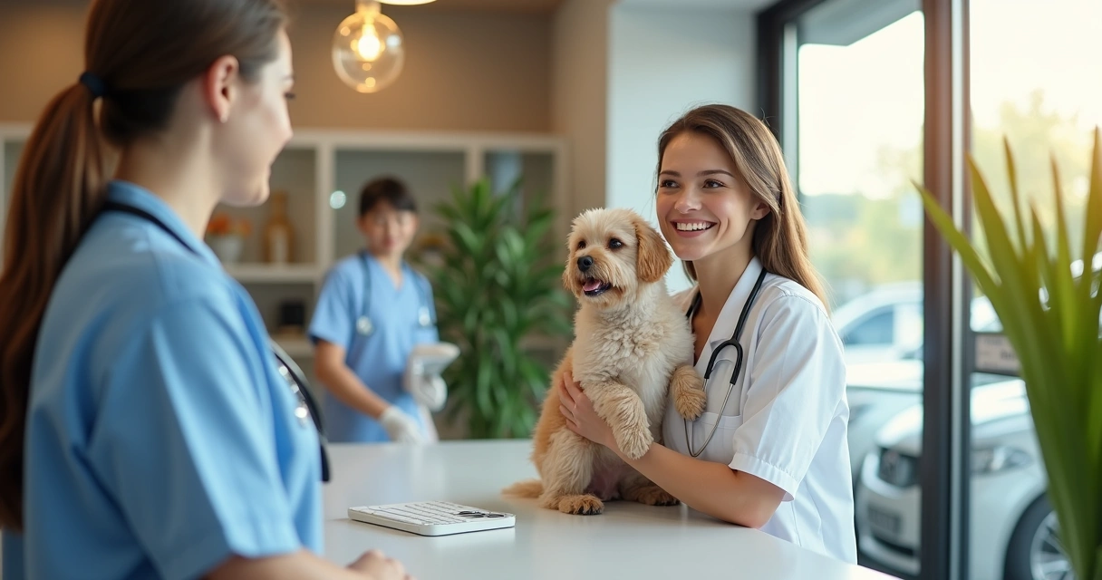 Recepção de clínica veterinária com ambiente amigável e funcionários sorridentes 