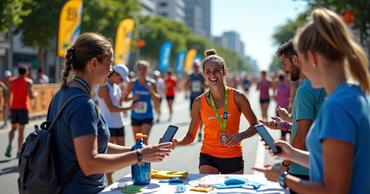 corredores recebendo medalhas e kits após corrida de rua brasileira 