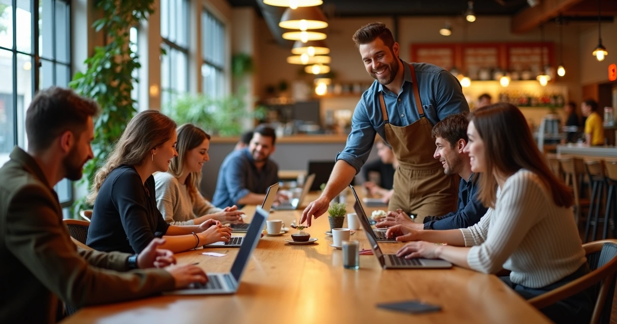 Clientes em restaurante moderno compartilhando mesa e sendo atendidos com acolhimento 