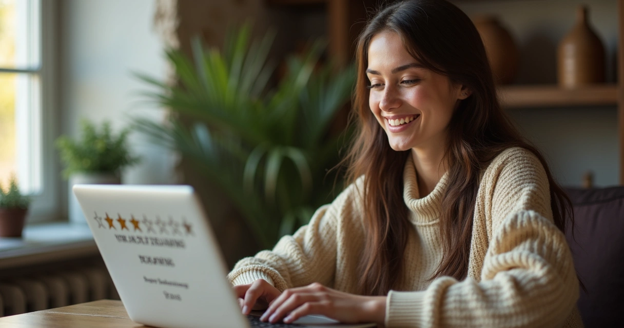 Usuária sorridente avaliando consulta de tarot online pelo notebook