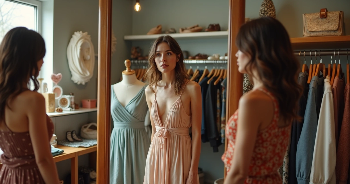 Duas mulheres experimentam roupas em brechó premium 