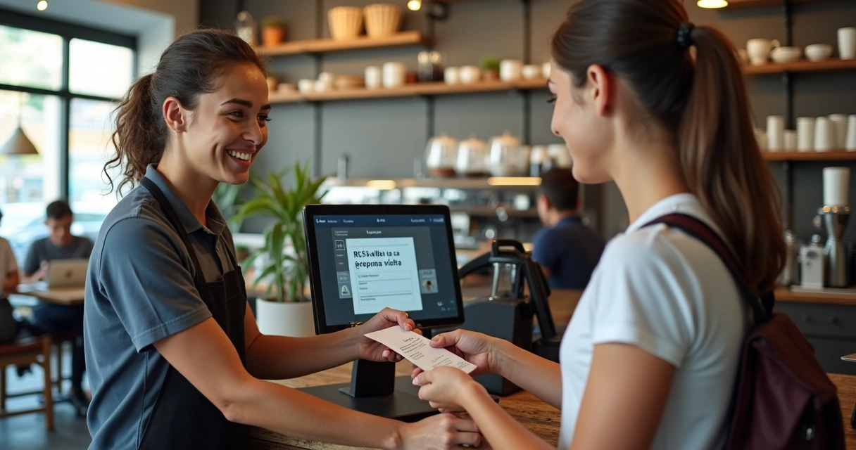 Cliente recibiendo cashback en la caja de una cafetería