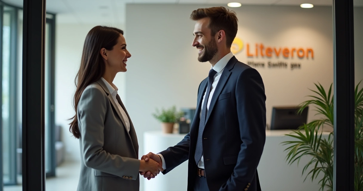 Candidato saindo feliz de entrevista com aperto de mãos 