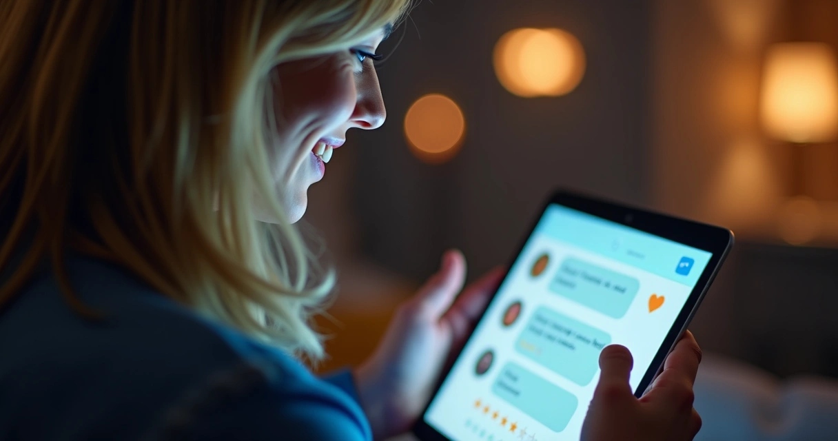 Usuário interagindo feliz com assistente virtual em tablet 