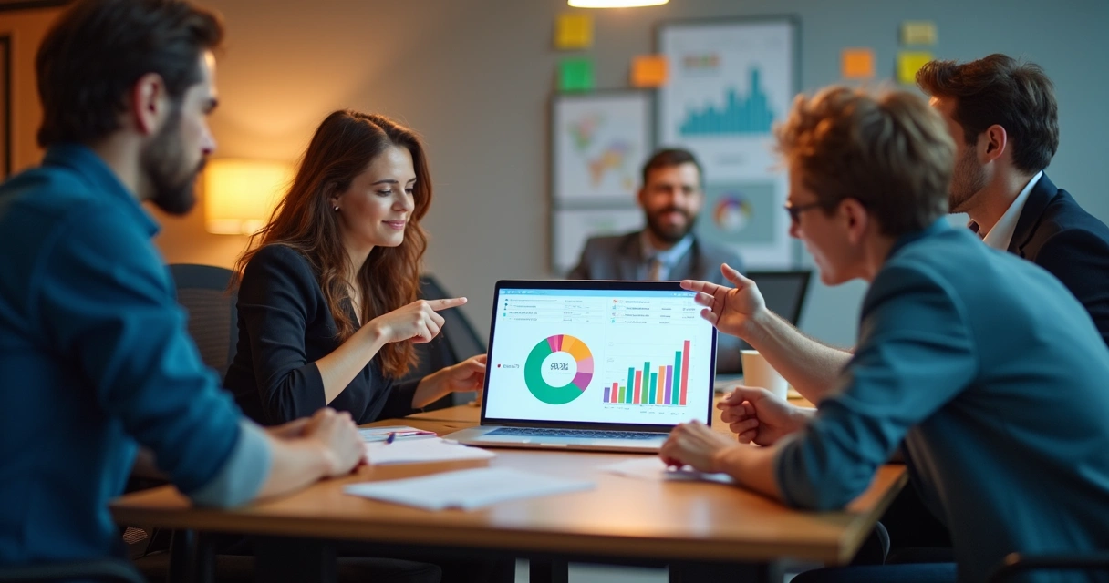 Equipe analisando gráficos de experiência do cliente na tela de um notebook