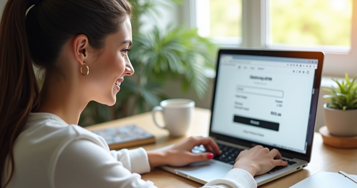 Cliente satisfeito usando loja virtual em notebook 