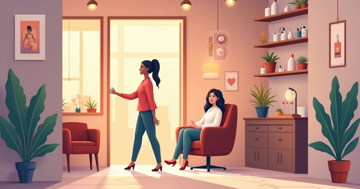 Profissional de estética recebendo cliente com sorriso, ambiente acolhedor e organizado 