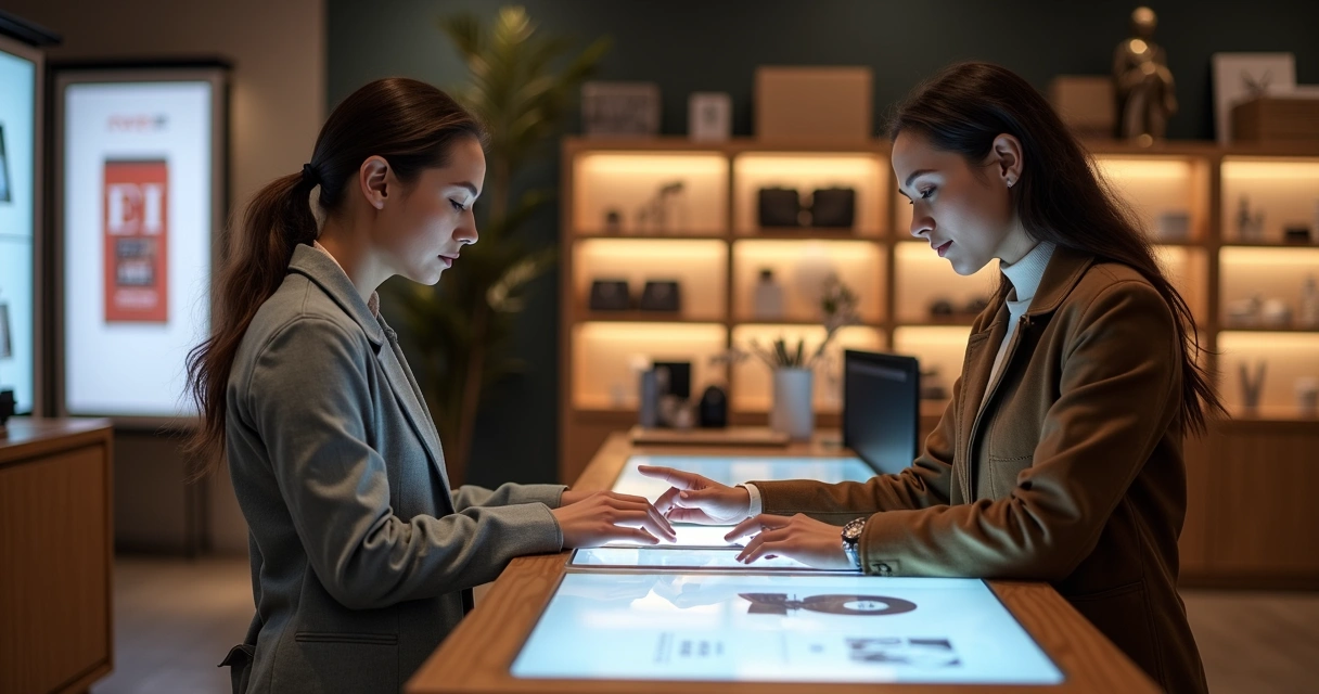 Cliente interagindo com tablet em um balcão de loja física 