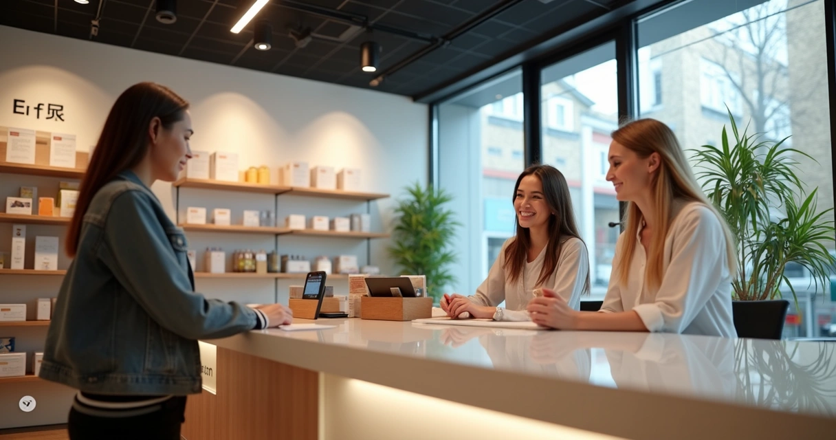 Cliente sorrindo ao ser atendido em uma loja, com elementos visuais da marca no ambiente 