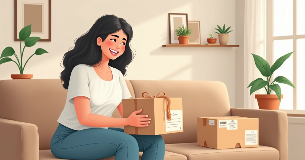 Cliente sorrindo ao receber embalagem personalizada em casa 