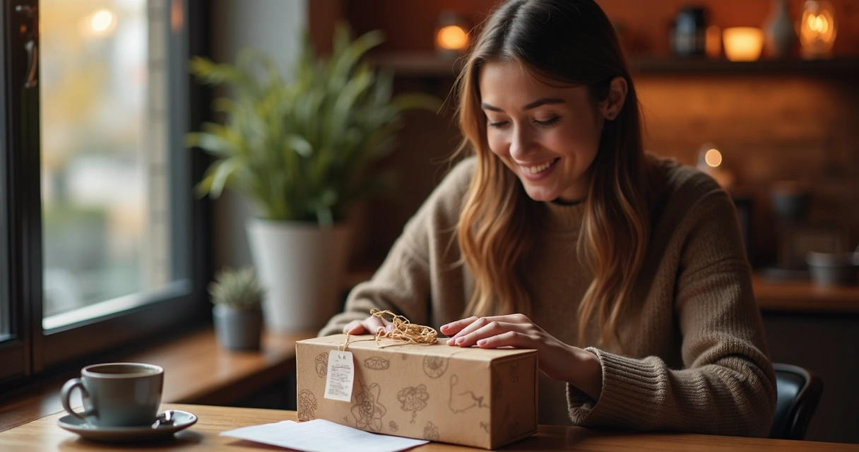 Cliente sorrindo ao receber embalagem personalizada com elementos da marca 