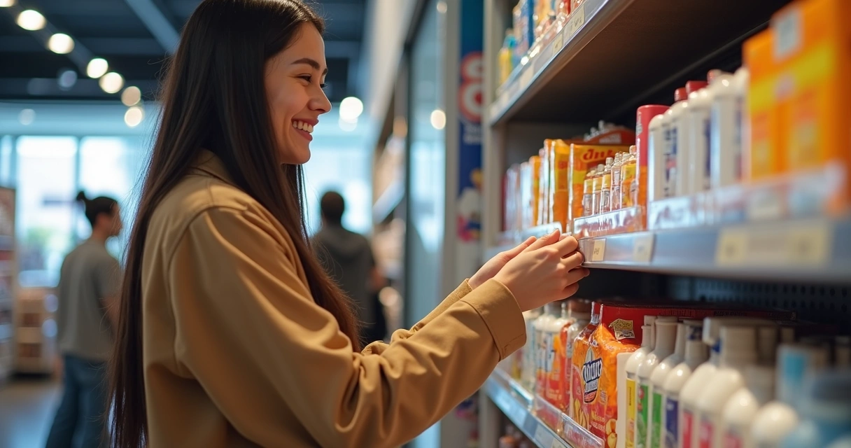 Consumidor feliz interagindo com produto em loja bem iluminada 