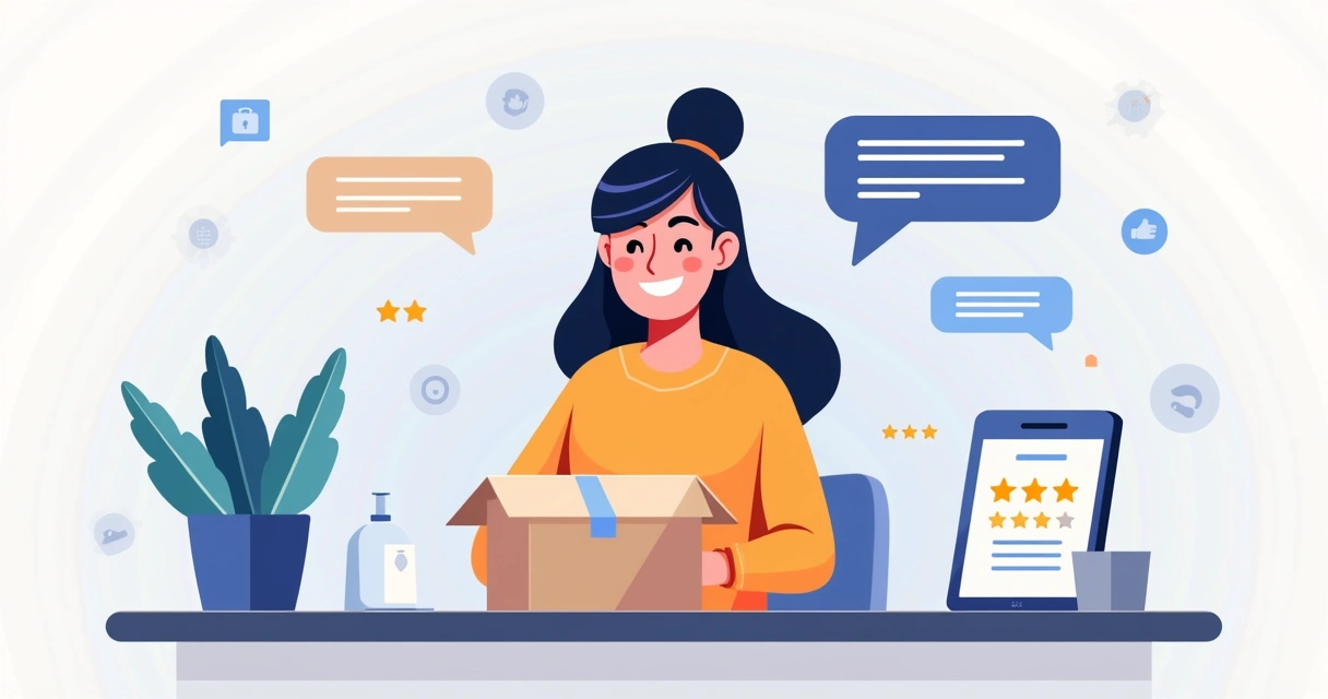 Pessoa feliz recebendo produto bem embalado, usando celular para compartilhar avaliação 