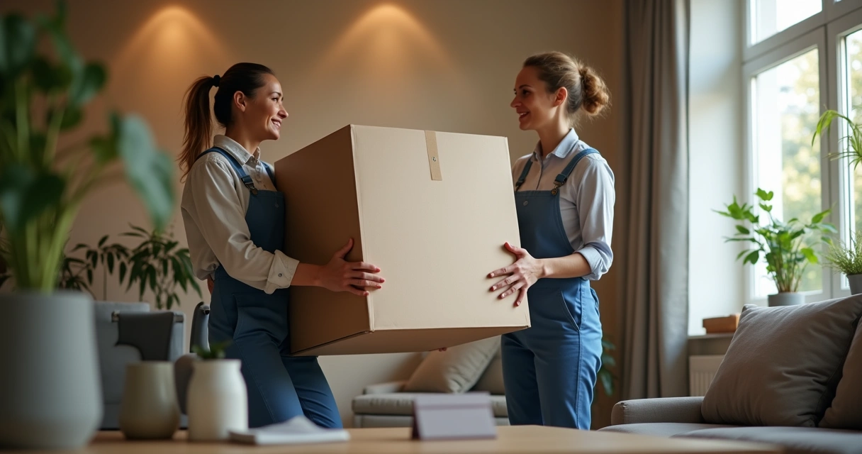 Cliente feliz recebendo móvel em casa, equipe sorridente 