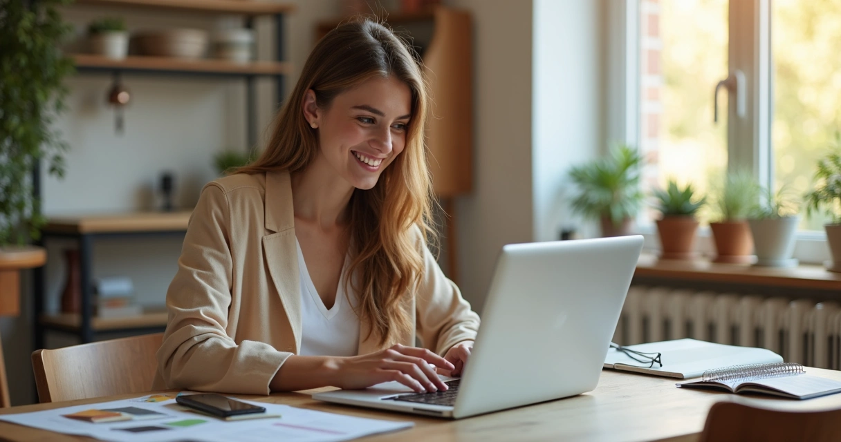 Cliente avaliando móveis na loja virtual, sorrindo com notebook e smartphone na mesa 