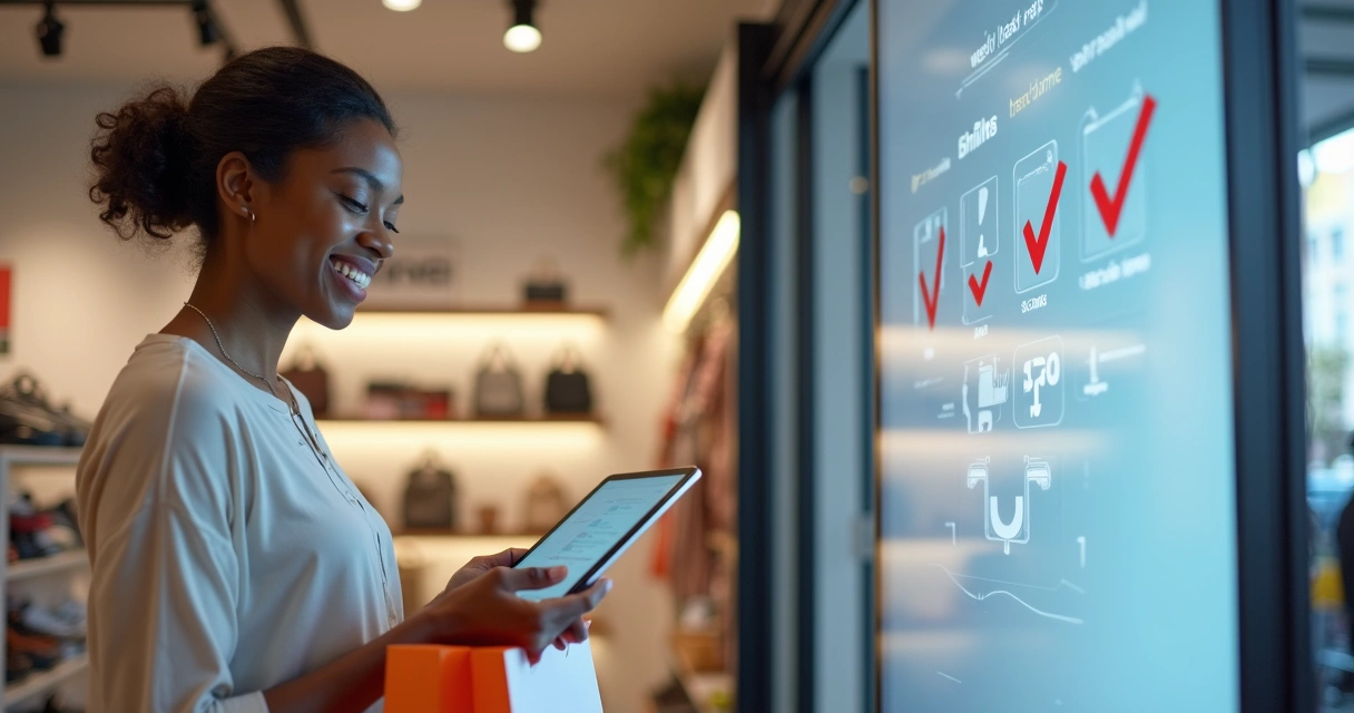 Cliente feliz utilizando vários canais em loja e online 