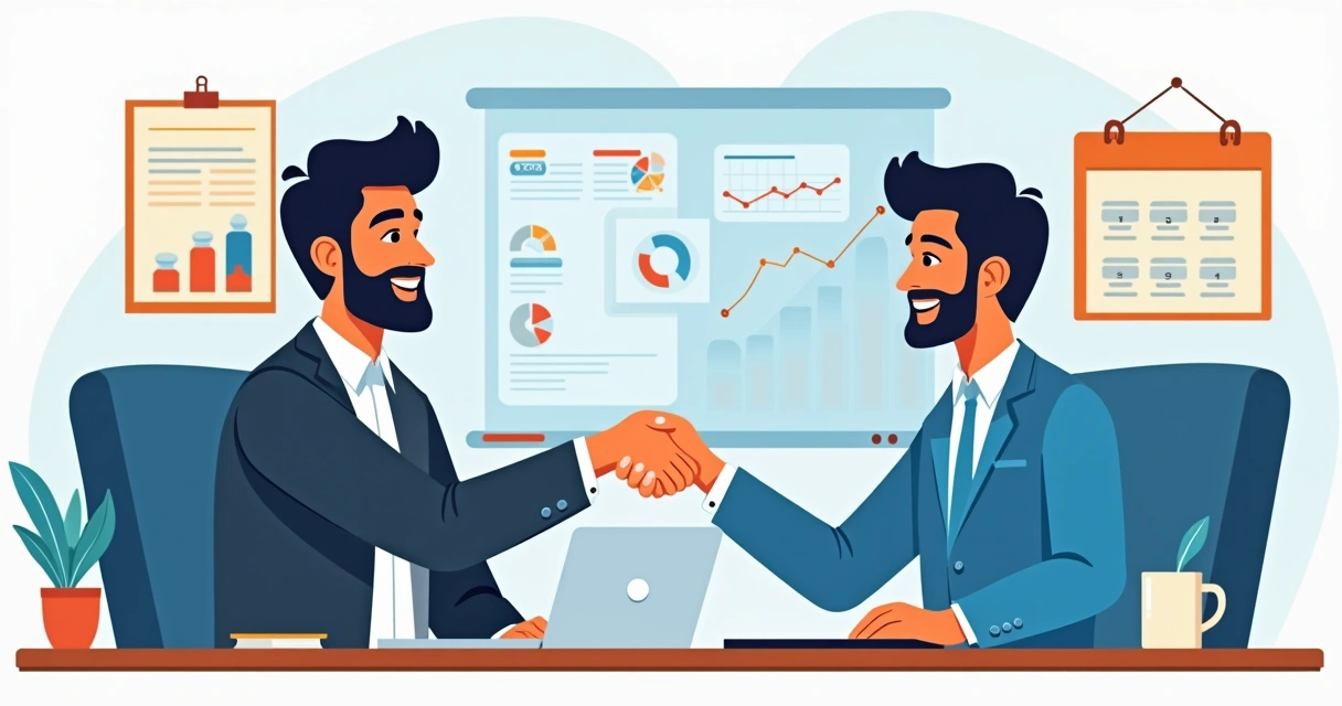 Empresário brasileiro apertando a mão de um cliente satisfeito em ambiente de PME.