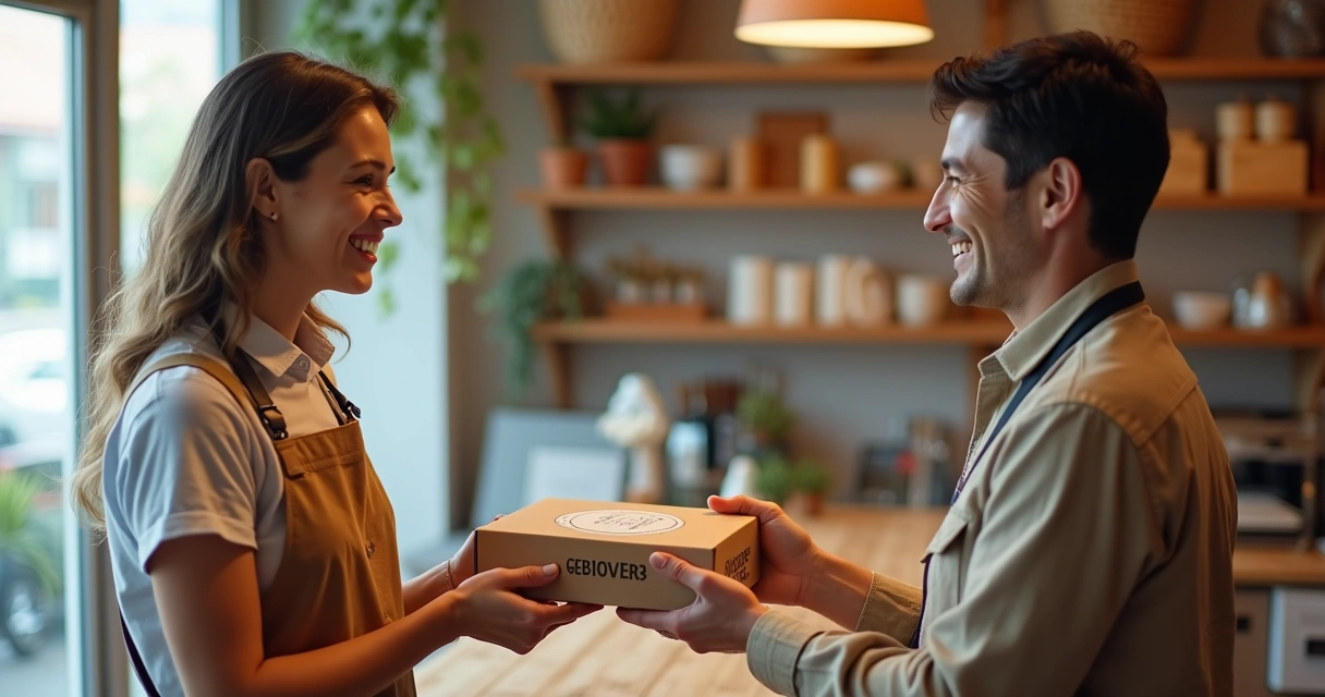 Cliente recebendo produto de PME com sorriso após venda. 