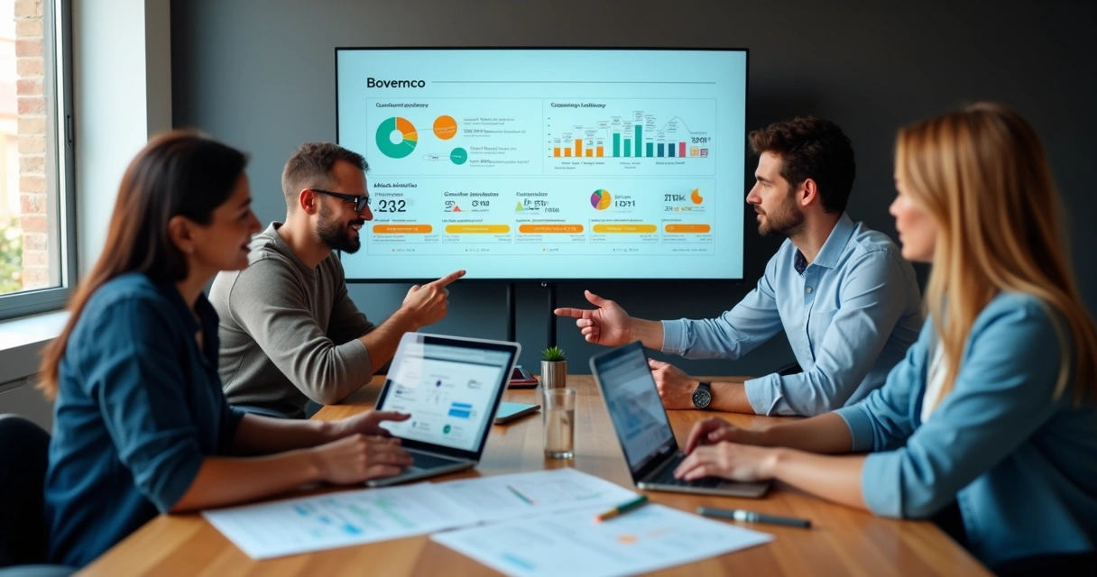 Equipe de PME analisando jornada de customer experience em painel digital 