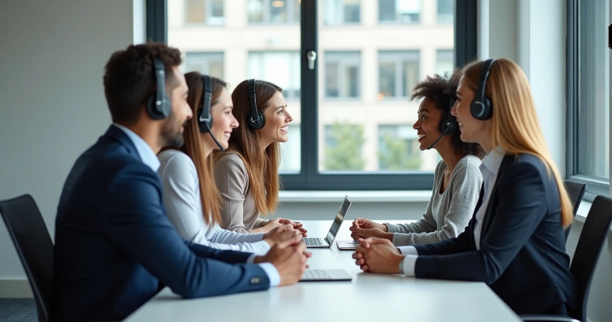 Equipe de atendimento sorrindo enquanto conversa com cliente em escritório moderno. 