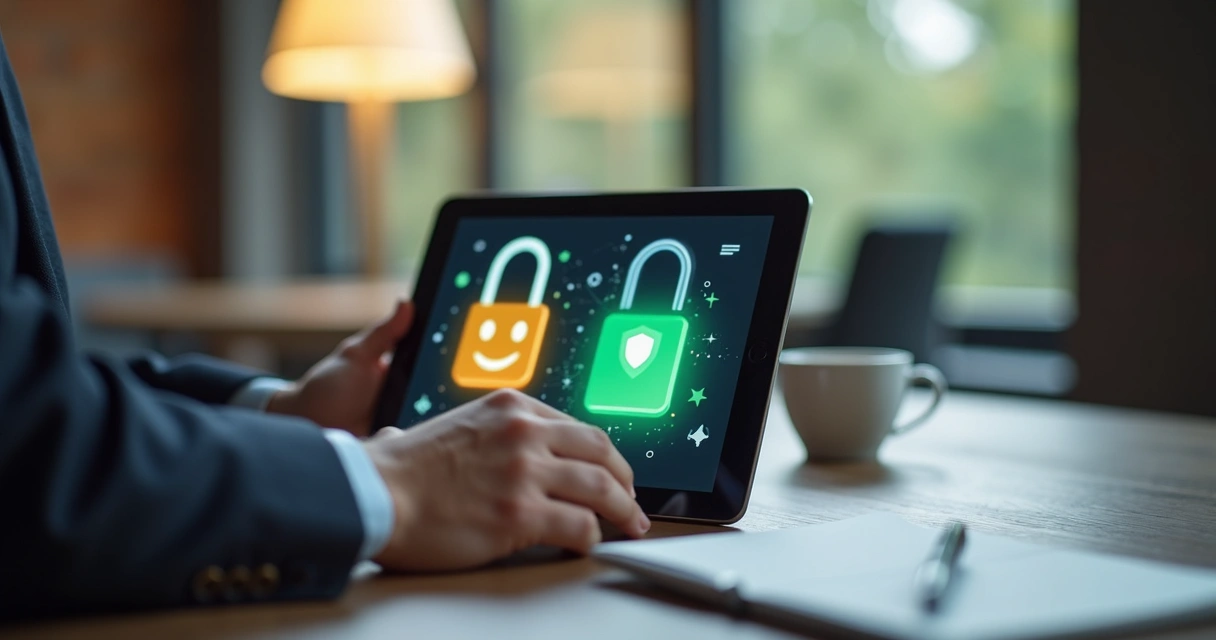 Cliente satisfeito usando plataforma digital segura em tablet 
