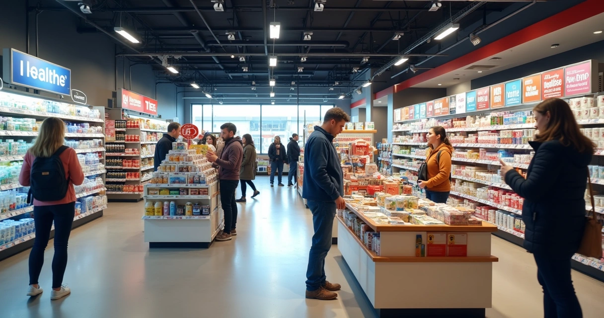 Clientes em loja física visualizando produtos expostos em ilhas promocionais 