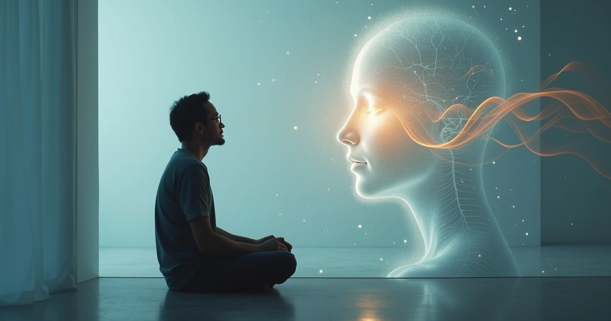 Pessoa em reflexão diante de padrões neurais e luz suave 