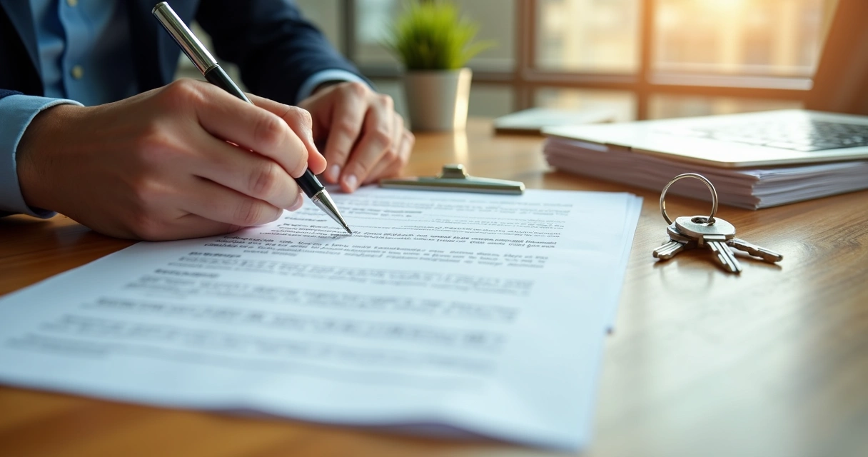 Pessoa assinando contrato imobiliário com documentos e chave ao lado. 