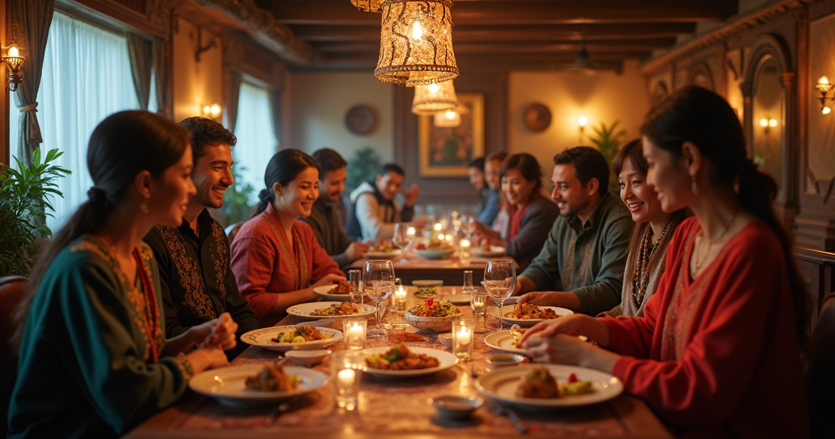 Grupo de pessoas em experiência cultural de luxo, envolvimento com comunidade local, ambiente sofisticado e decoração artesanal 