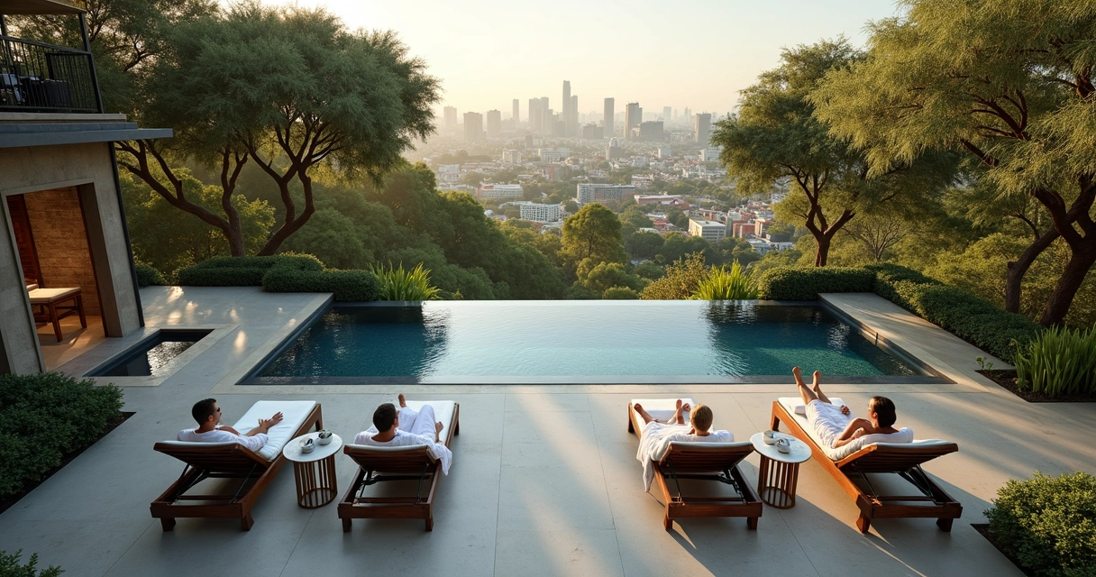 Experiência de day spa sofisticado com área ao ar livre, árvores e design moderno 