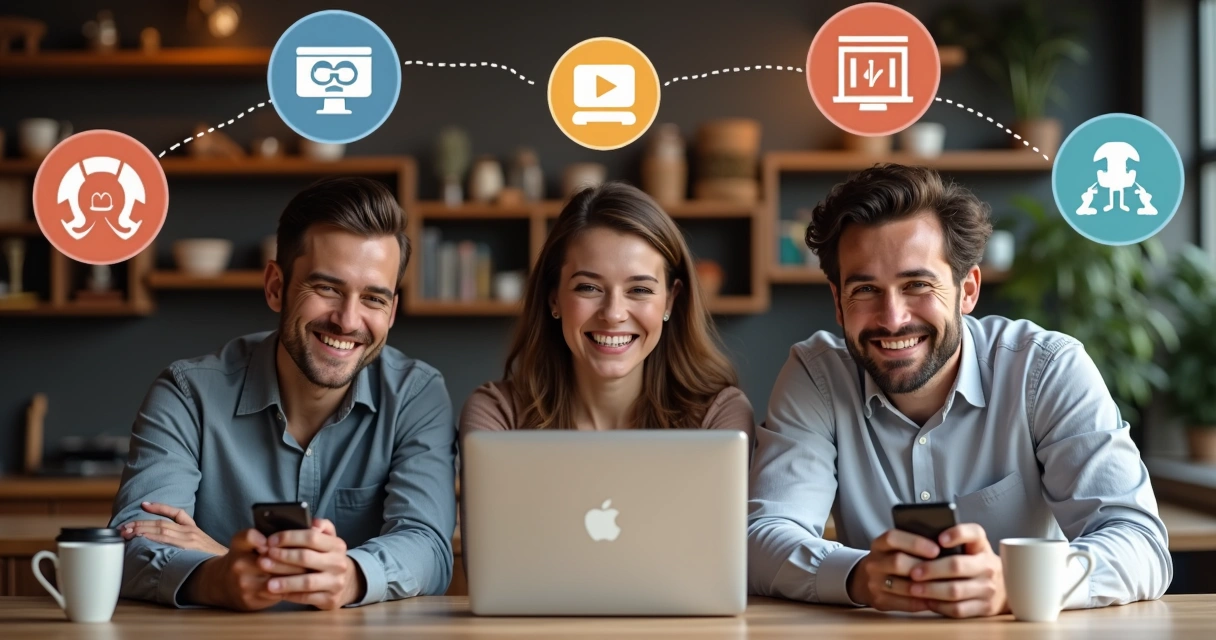 Usuários sorrindo em frente a dispositivos digitais 