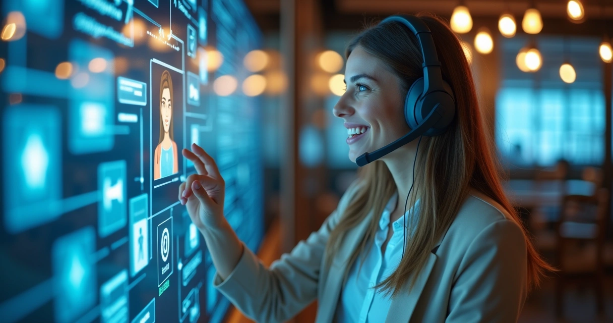Atendimento de cliente em ambiente digital com sorriso e interação positiva 
