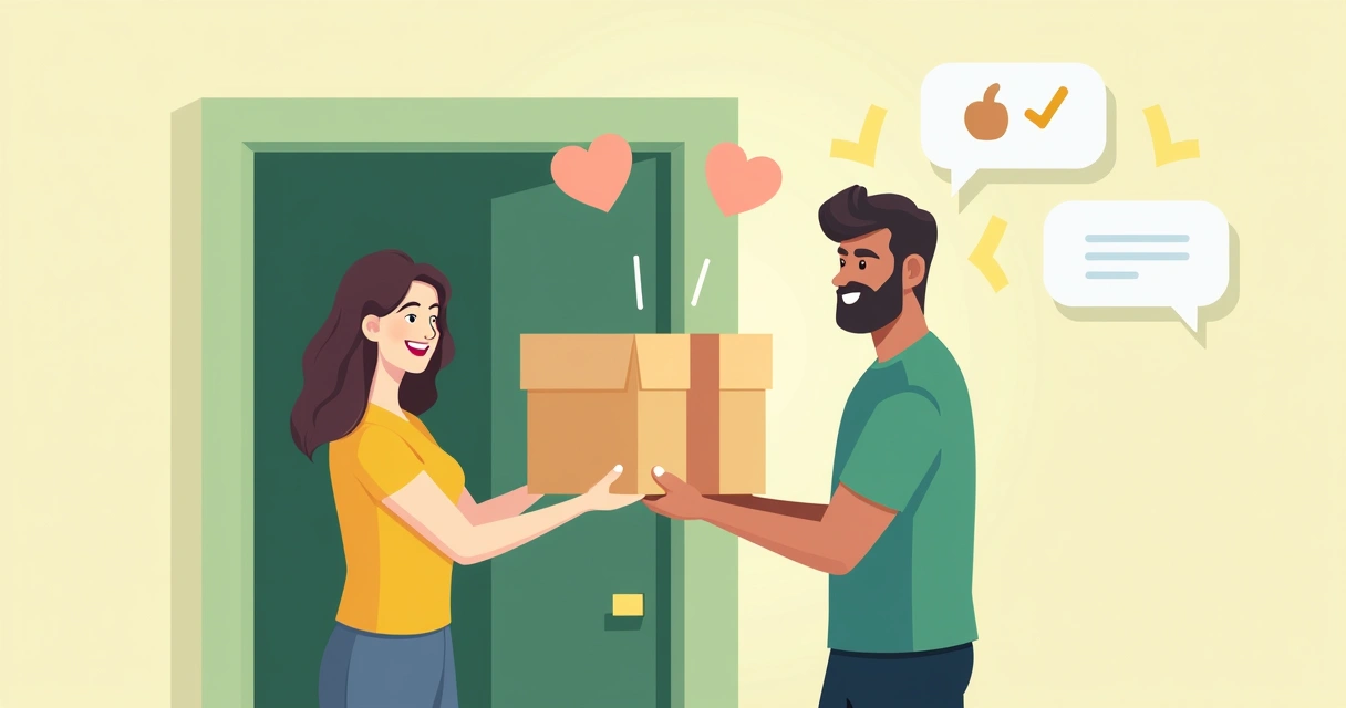 Consumidor feliz recebendo embalagem bem cuidada do e-commerce. 
