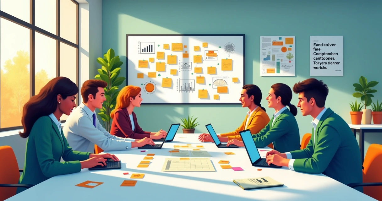 Grupo diversificado de funcionários em um escritório moderno, colaborando em ideias com foco na experiência do cliente.